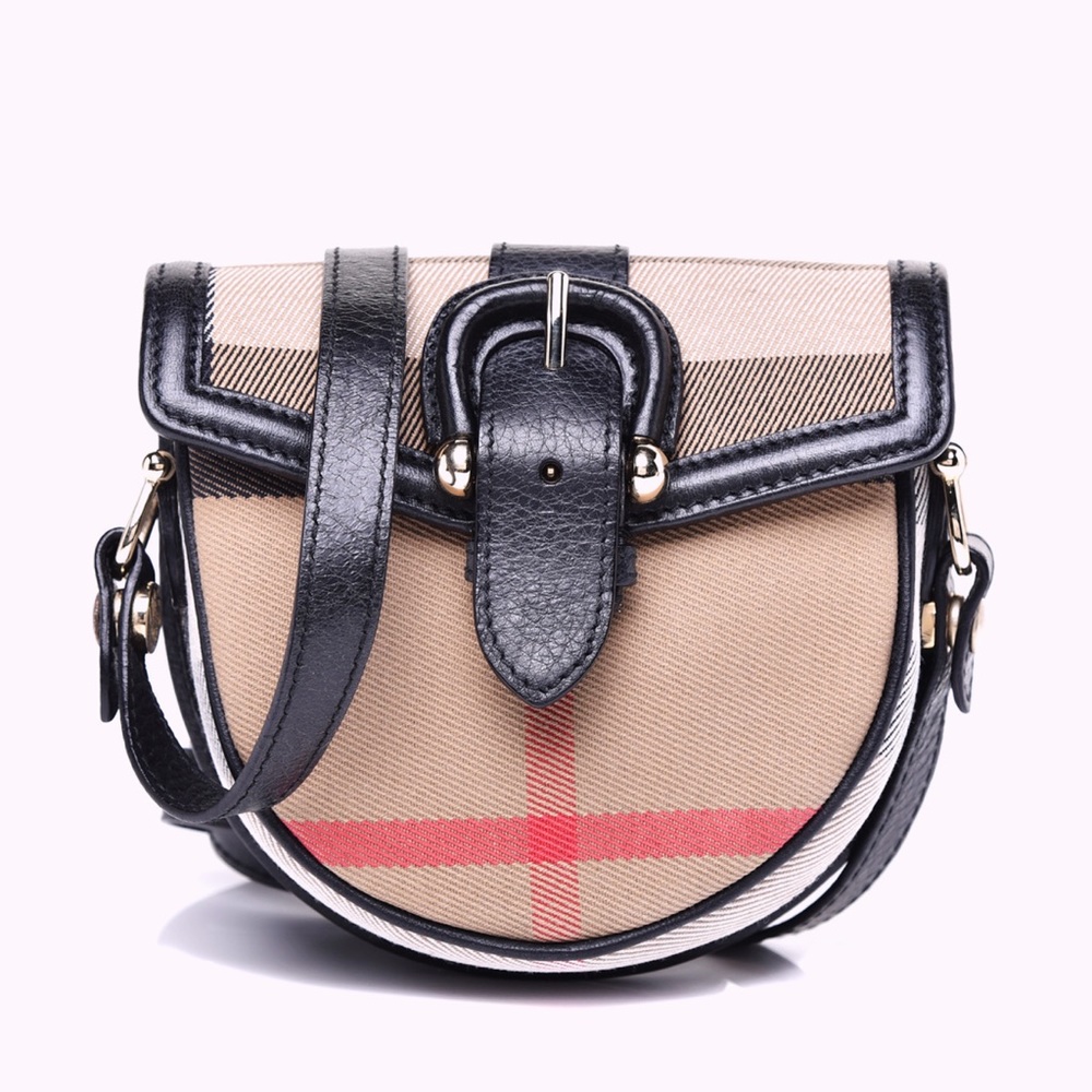 Burberry Mini Classic Beige Plaid Crossbody Belt Bag with Black Leather Trim